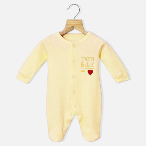 Yellow Mom Plus Dad Embroidered Footsie